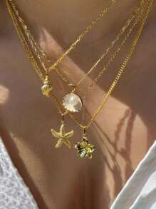 3pcs European Style Multi-Layer Faux Pearl & Shell Pendant Necklace, Bohemian Metal Snake Chain Necklace For Women, Versatile Layered Choker Necklace Suitable For Beach And Vacation Wear