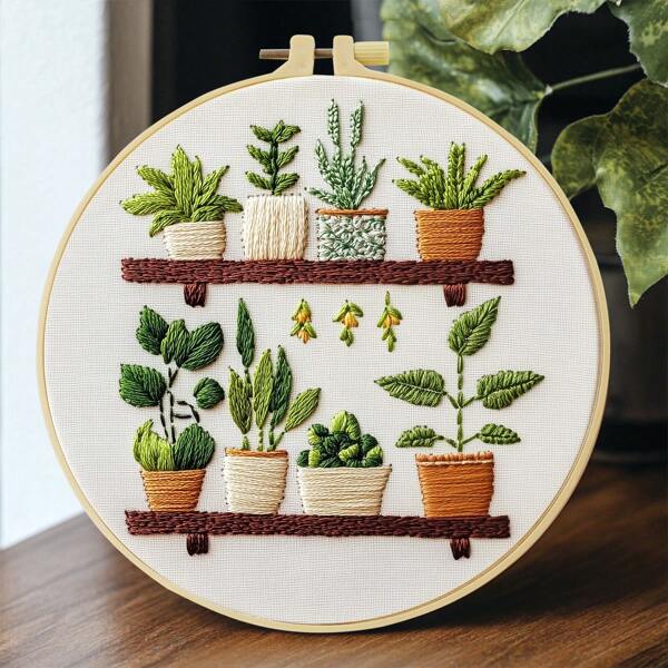 1pc Embroidery Kit, 20x20cm/7.9x7.9-Inch Bookshelf Plants, Handmade DIY Embroidery Kit, Suitable For Adults And Beginners, Includes Instructions, Printed Fabric, Embroidery Stretching, And Needlework