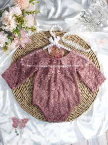 2 pezzi Tutina in pizzo e fascia per neonati, completo di fotografia per bambine con decorazione in tulle, accessorio fotografico per neonati