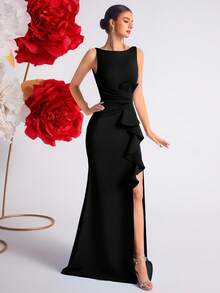 Elisanya Đầm dự tiệc cocktail hở lưng xẻ tà cạp cao đơn giản - màu đen - Xem 7