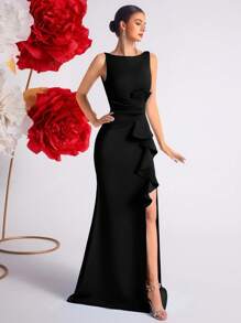 ADYCE Vestito da cocktail/sera con vita alta, arricciature sul davanti, spacco e schienale aperto