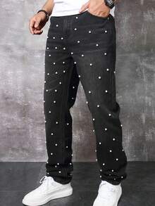 Men's Faux Pearl Pocket Straight Leg Jeans - Black - View 1