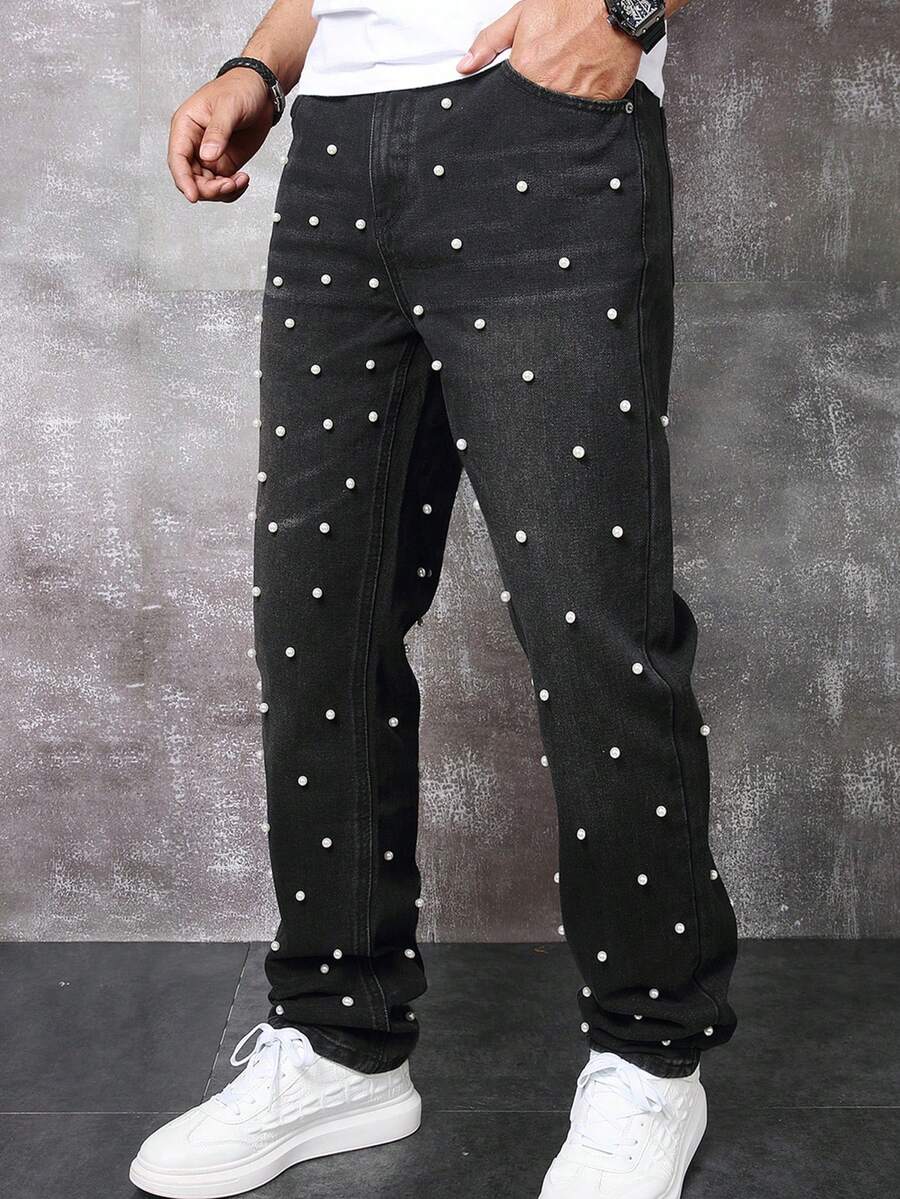 Men's Faux Pearl Pocket Straight Leg Jeans - Black - View 1
