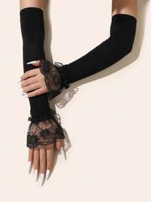 1pc Women Lace & Mesh Breathable Arm Sleeves, Summer Sun Protection Outdoor Bracelet Gloves - Black - View 2