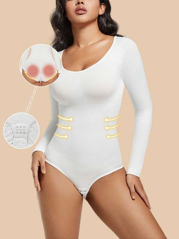 Damen Weiß Bodysuit Formend Figurformend Po Anhebend Nahtlos Bodysuit Langarm