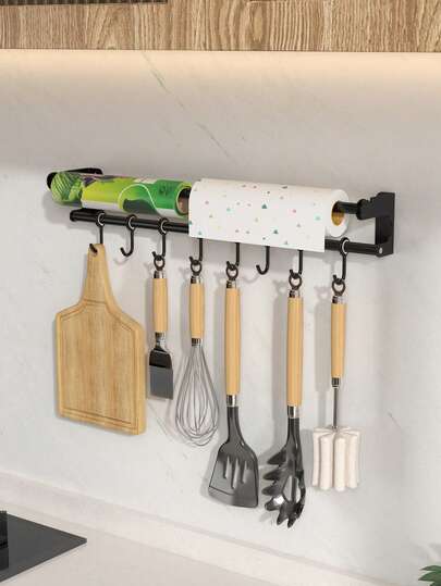 1pc Easy To Install Wall-Mounted Kitchen Utensil Organizer Rack, With Movable Hooks, Kitchenware Hooks, Drill-Free Kitchen Cling Film And Paper Towel Holder, Multi-Purpose Storage Rack, Space-Saving, Kitchen Supplies Rack