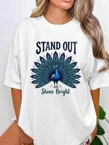 Women's Peacock Pattern Cotton T-Shirt, White Tee With Colorful Peacock, Stand Out Shine Bright Art Print Summer Tops For Women & Man.Graphic Tees Women - 白色 - 查看 1