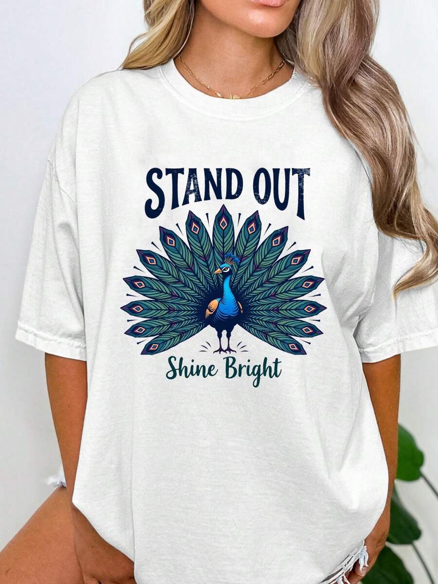 Women's Peacock Pattern Cotton T-Shirt, White Tee With Colorful Peacock, Stand Out Shine Bright Art Print Summer Tops For Women & Man.Graphic Tees Women - 白色 - 查看 1