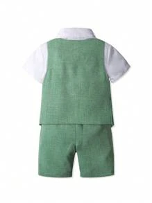 Conjunto de 4 piezas para niño pequeño: chaleco, camisa de manga corta, pantalones cortos, corbata de moño, vestimenta formal de caballero para bodas de verano para niños