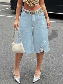 Women's Distressed Asymmetrical Hem Denim Capri Pants