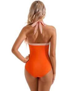 Women Sexy Tummy Control One Piece Swimsuit Halter Retro Bathing Suit - 68 Orange - View 3