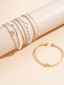 8pcs/4pcs Fashion Elegant Faux Pearl Hollow Heart Layered Bracelet & Bangle Sets, Suitable For Girls Daily Wear, Summer Jewelry - Golden - View 5