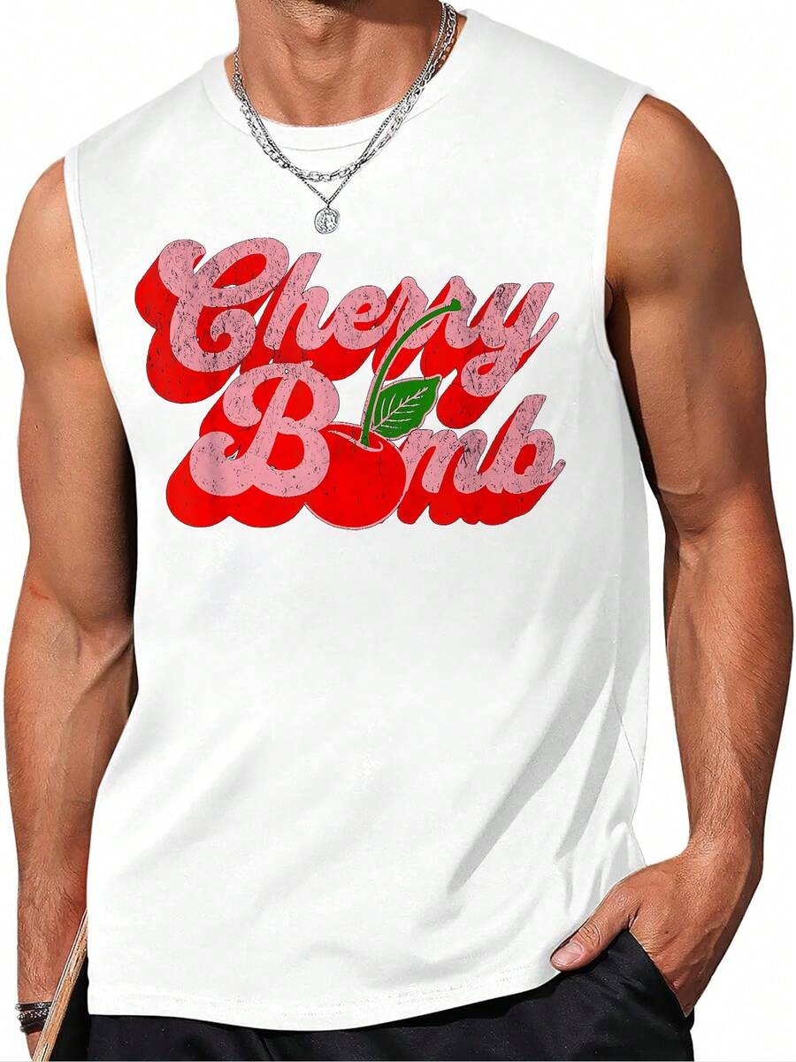 1pcs Cherry Bomb Printed Men's Tank Top Summer Casual Tank Top 100% Pure Cotton Ideal Choice For Summer Vacation And Daily Wear - White - View 1