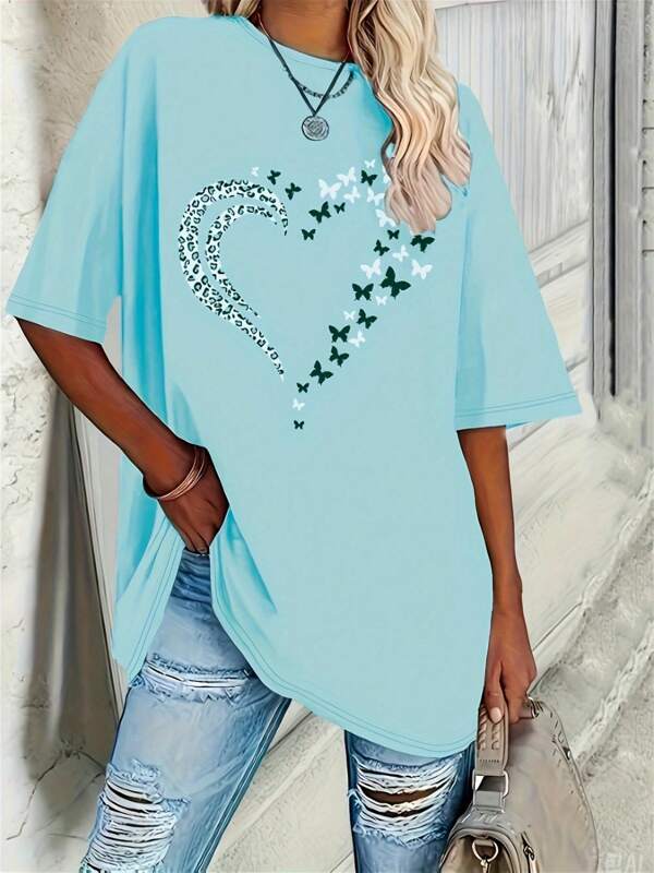 Plus Size Women Leopard, Heart And Butterfly Pattern Comfortable Round Neck Short Sleeve Elegant T-Shirt, Perfect For Summer