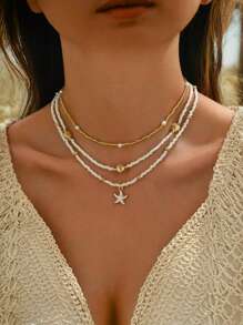 3pcs Set Elegant Starfish Beaded Necklace, Fashion Jewelry For Women, Ideal For Beach Vacation, A Great Gift For Friends