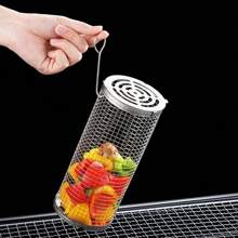1 pièce Cage de gril de barbecue en acier inoxydable, panier de grill rotatif, filet de cuisson de barbecue portable, filet de barbecue circulaire pour légumes, frites, poisson, crevettes, convient pour les paniers de barbecue d'extérieur, les grils de barbecue de camping d'extérieur, l'équipement de pique-nique de camping, les petits accessoires de cuisine, avec des crochets anti-brûlure