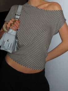 条纹斜领短款上衣原宿休闲短袖T恤街头潮流修身上衣休闲百搭基本款衣服Y2K - 灰色 - 查看 4