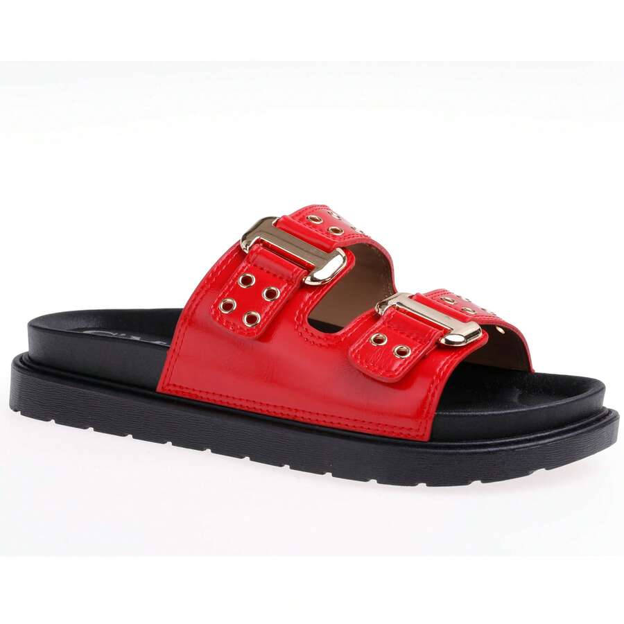 Flat Sandals For Women With Double Wide Straps And Metal Buckles – Ideal For Casual Walks, Urban Style, And Everyday Comfort - Red - View 1