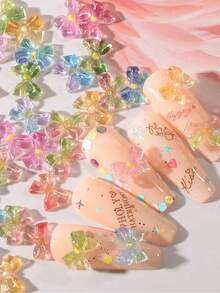 Y2K 风格全息透明蝴蝶结美甲饰品 50 件/包 - 女士可爱树脂指甲饰品 指甲装饰 - 粉色蓝色蝴蝶结美甲钉 - 彩色 - 查看 6