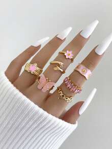 Colección de 7 piezas de anillos decorativos elegantes, dulces y con estilo en color rosa - Perfectos como regalo de cumpleaños para adolescentes - Rosa - Ver 5