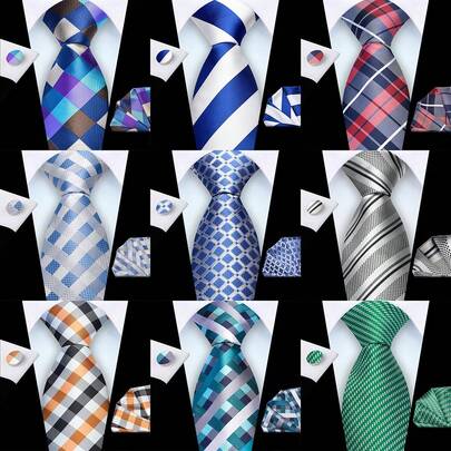 3 件套：8 厘米领带、口袋巾和袖扣，格子条纹几何图案，高品质经典时尚商务/休闲领带套装，男士婚礼/节日/派对礼物