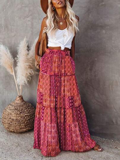 Women's New Bohemian Style Polyester Lightweight Loose High Waist Skirt, Elegant Color Block Floral Print Patchwork Lace Hem Skirt, Spring/Summer