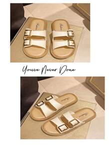 2025 Summer New Retro Thick Sole Fashion Buckle Strap Slide Sandals, Women Casual Slip-On Non-Slip Beach Sandals, Soft Sole Versatile Flat Sandals