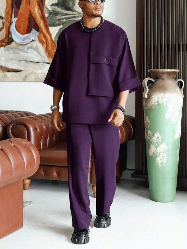 2 pièces/Set Chemise à manches courtes Dashiki et pantalon à cordon pour hommes, noir, printemps/été, tenue décontractée de style africain pour la rue, la fête, le mariage, les affaires, le port quotidien, les événements culturels, les cérémonies traditionnelles