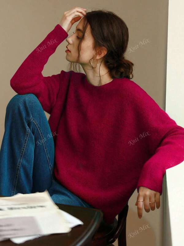 Knit Mix Women's Knitted French Commuter Sweater, Casual Loose-Fitting Long Sleeve Round Neck Pullover For Fall & Winter, Valentine's Day Gift Idea Back To School Fall Women Clothes Autumn
