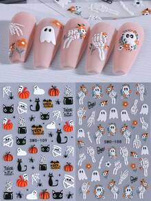 2 件浮雕可爱万圣节指甲贴纸鬼南瓜蜘蛛网黑猫贴花美甲设计白色骷髅头骨绷带花自粘纹理节日滑块美甲装饰美甲用品