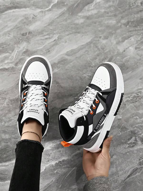 Women's Simple Contrast Color Patchwork Lace-Up Flat High-Top Skateboard Shoes, Casual Street & Campus Couple Style Sneakers For Daily, Leisure & Sports