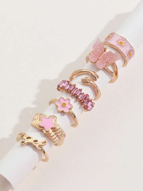 7-Piece Pink Collection Stylish Elegant Sweet Decorative Rings For Teens - Perfect For Teen Birthday Gifts