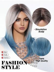 Long Layered Shoulder Length Blue Silver With Curtain Bangs Silver Gray Hiar With Blue Dip Dye Wig For Women 22 Inch Synthetic Heat Resistant Wig Daily Party Cosplay Use - 彩色 - 查看 7
