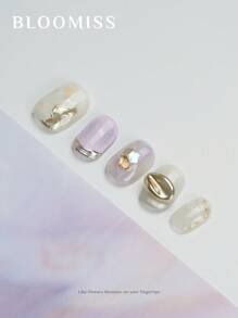 10 Pieces Of Handcrafted Press On Nails Short , Purple Nails , Gentle Flowers , Reusable Fake Nails