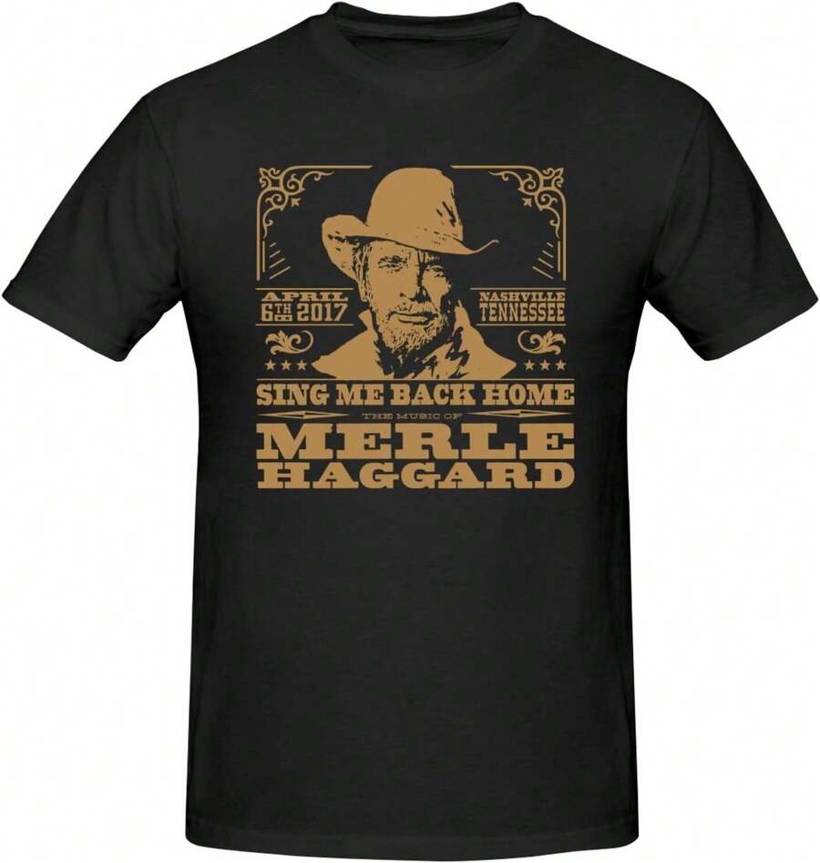 Camiseta para hombres Merle Haggard, novedad, casual, de algodón, con cuello redondo, camisetas de manga corta impresas en negro - Negro - Ver 1