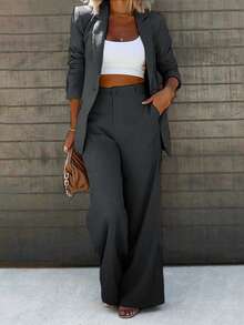 Women Elegant Simple Design Notched Collar Blazer Jacket And Pants Set - Dark Grey - View 9