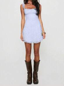 Vestido mini ceñido elegante y de moda con diseño de lazo en los tirantes con volantes y encaje - Morado - Ver 5