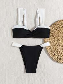 2 件套女士性感撞色可调节肩带可拆卸罩杯棉质胸罩和超高腰内裤套装 - 彩色 - 查看 4