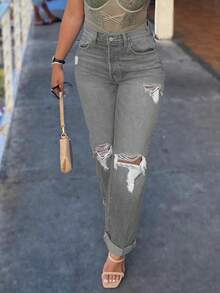 New Casual Loose Ripped Basic Women Straight Leg Jeans - 淺灰色 - 查看 5