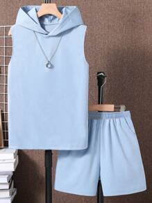 Conjunto de 2 peças de moletom com capuz e regata para treino casual para meninos/adolescentes + shorts soltos lisos, primavera/verão