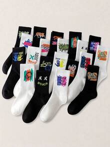 1/10 双/包 随机款式 女款 数字趣味图案 条纹 黑白纯色 嘻哈复古风格 运动中筒袜 - 彩色 - 查看 10