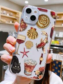1pc Luxury Personalized Shell Coffee Cat Collage Graphic Transparent Anti-Fall Anti-Fingerprint Soft TPU Phone Case Suitable For IPhone 16 Pro Max/16/16 Pro/16 Plus/15 Pro Max/15 Pro/15 Plus/15/11/12/13/14 Pro Max/XS/XR/11 Pro/11 Pro Max/12 Pro/12 Pro Max/13 Pro/13 Pro Max/7 Plus/14 Pro/14 Pro Max/14 Plus/7 Plus/8 Plus/8/SE2/12 Mini/13 Mini, Anti-Yellowing Material