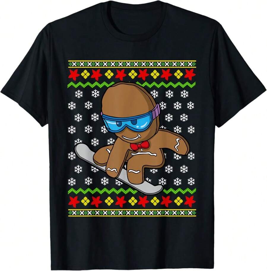 Camiseta de niños con diseño de niño de jengibre esquiando en tabla de snowboard en Navidad - Negro - Ver 1