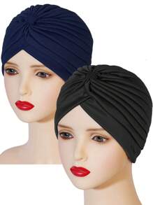 2 Peças Gorros Turbante de Cor Sólida - Toucas de Cabeça Pregueadas, Gorros Quimioterapia com Elástico Criscruzado na Testa, Lenços de Cabeça Femininos para Uso Casual