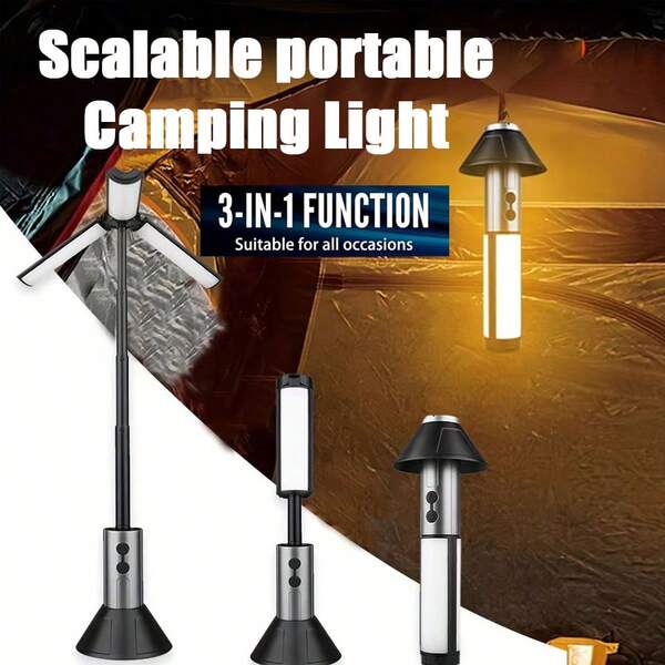 قطعة واحدة حامل ثلاثي القوائم قابل للطي والسحب للاستخدام الخارجي، إضاءة التخييم عالية السطوع، سراج خيمة قابل لإعادة الشحن، مصباح طوارئ متعدد الوظائف