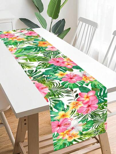 1 pièce Chemin de table, Chemin de table style hawaïen d'été, Plantes tropicales Drapeau de Porto Rico, pour intérieur, cuisine, anniversaire, décorations de table de salle à manger, fête, fournitures pour la maison, fête de vacances, décoration d'intérieur