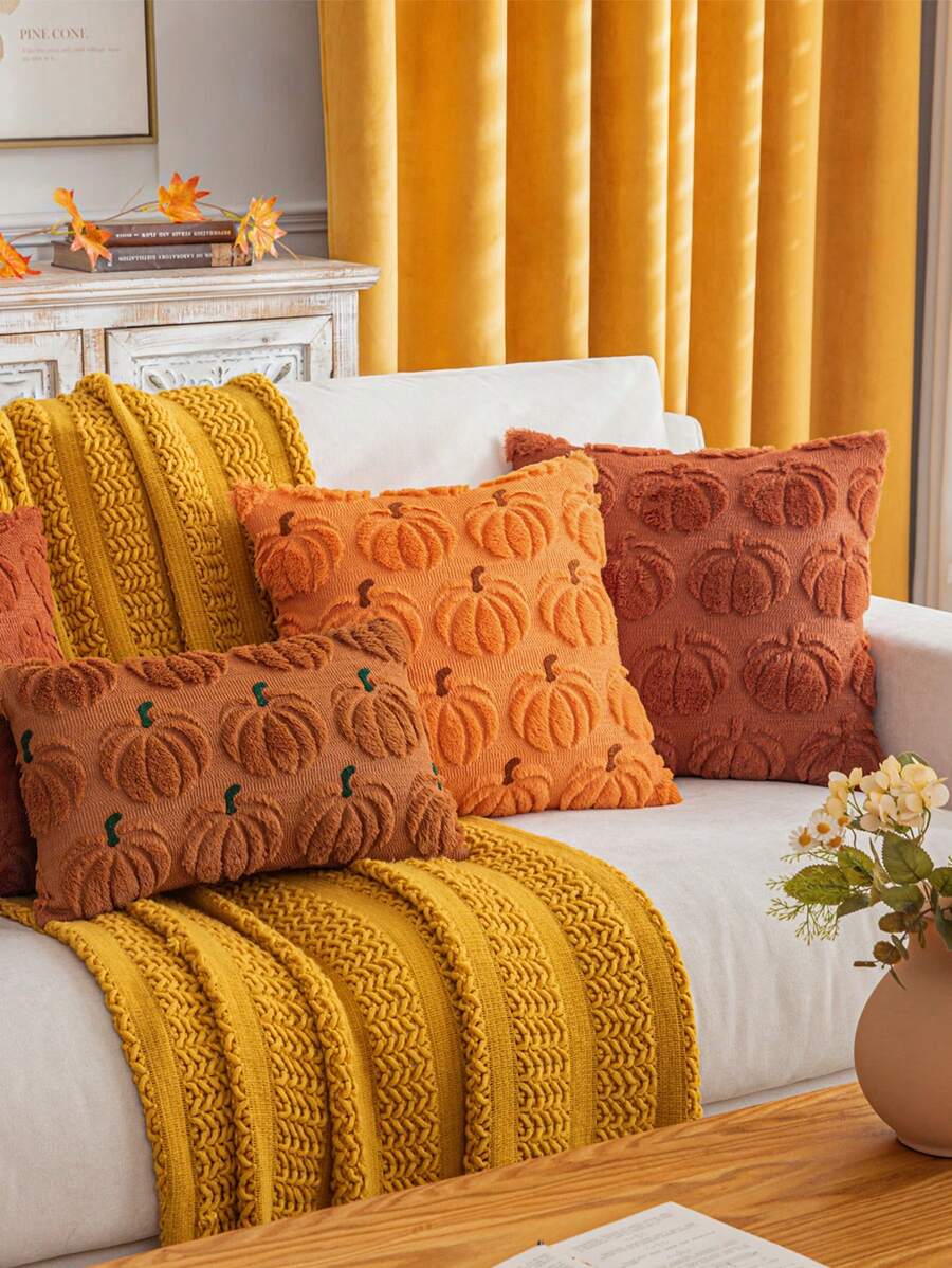 2pcs Orange Curved Pumpkin Pattern Pillow Covers, Boho Style Faux Fur Polyester Fabric Sofa Cushion Covers Suitable For Halloween, Living Room And Dining Room Decor