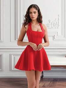 Stylish Halter Neckline Pleated Red Party Dress - Red - View 1