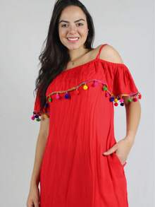 Short Viscose Dress With Straps, Exposed Shoulder And Pocket With Pompom Ruffle #100715 - Rojo - Ver 2