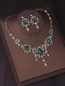High End And Stylish New Necklace+Pair Of Earrings Set, Red And Green Water Droplet Pendant Set, Bridal Accessories, Wedding Dress, Evening Party Accessories - 項鍊+耳環套裝 - 查看 1
